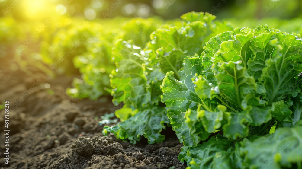 Poster Lush green leafy vegetables thriving in a field under the sun. A close-up view of fresh vegetables swaying gently in the wind