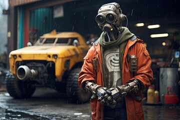 Naklejka premium Near future. Robot repairman in a car repair shop. He stands in dirty orange work clothes and looking at camera.