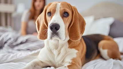 Obraz premium Peaceful Paws: Beagle Resting on White Bed With Distant Woman