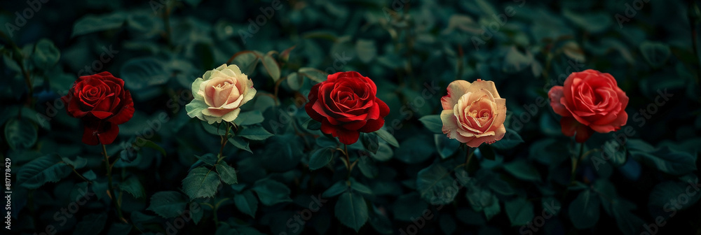 Poster Various colored roses neatly arranged in a row create a vibrant display in the background