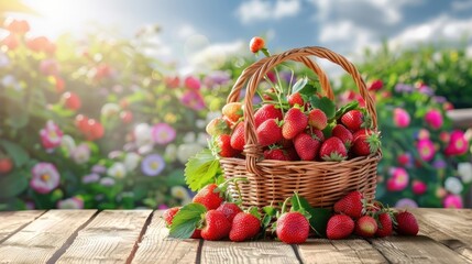 strawberries cultivated in a rustic wicker basket, sitting elegantly on a balcony table, basking in the warm sunlight of a tranquil morning.