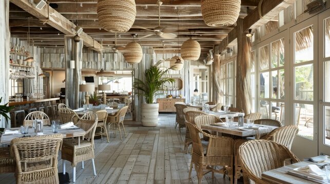 A beachside restaurant features wicker chairs, wooden tables, and hanging lights, creating a cozy atmosphere. Large windows allow daylight to illuminate the space, highlighting its natural decor.