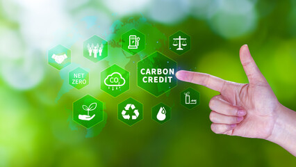 Green energy, Carbon credit market concept, Businessman pointing Carbon credit icon, Net zero, Green energy icon. Carbon Neutral in industry Net zero emission eco energy.