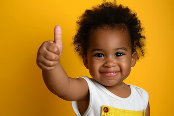 Adorable curly-haired toddler smiling and giving a thumbs up against a vibrant yellow background, illustrating positivity and approval