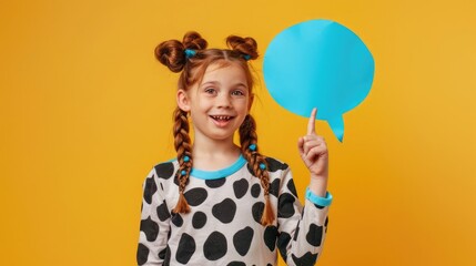 Photo of funny ginger girl with two braids in cow print top holding blue speech bubble pointing finger right isolated on yellow background, copy space concept