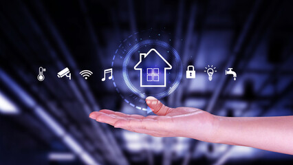 Smart home technology, User touches virtual screen manage smart home features including security,...