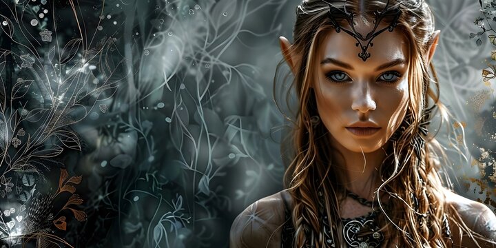 A stunning female elf warrior in a magical forest setting. Concept Fantasy, Elf, Warrior, Magical Forest, Female Portrait