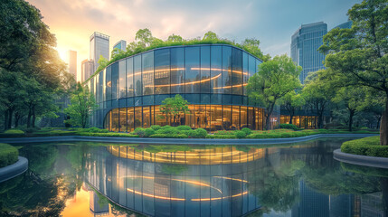 Futuristic glass office building with modern architectural design, lush greenery and water...