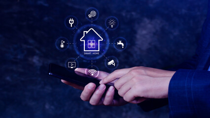 Smart home technology, User touches virtual screen on smartphone manage smart home features...