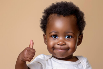 Cute young child with a joyful smile giving a thumbs up gesture against a seamless tan background, portraying positivity and approval