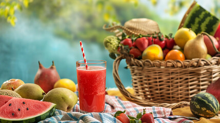 A vibrant image of a glass of freshly squeezed watermelon juice with a red striped straw on a picnic blanket next to a wicker basket overflowing with fruit. - Powered by Adobe