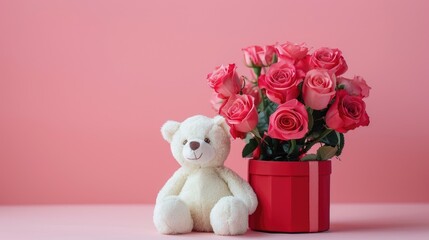 Pink roses arranged in a red gift box accompanied by a white teddy bear on a pink backdrop embodying the essence of Valentine s Day