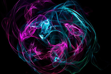 Intricate neon swirls in shades of turquoise and magenta on black background.