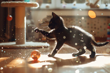 A playful black kitten is engaged in play, batting around a ball on the floor
