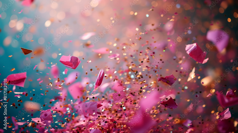 Poster pink confetti descends against a dark backdrop, creating a striking contrast with its vivid color