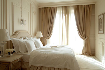 A bedroom with a white bed and beige curtains