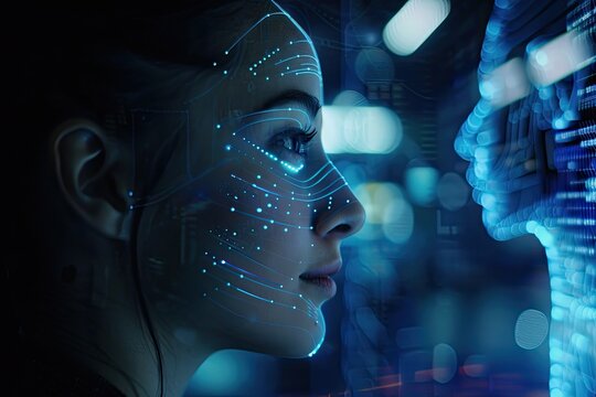A woman's face is lit up with blue lights, giving it a futuristic