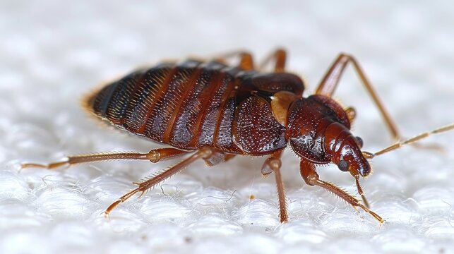 Detailed high quality photography of brown bedbug on white sheet with shield shaped wings