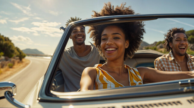 A African American woman with curly hair and a big smile sits in the front seat of a convertible with two men behind her. They are all laughing and seem to be enjoying a road trip