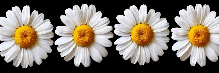 A straight line of white daisies contrasting against a black background - Powered by Adobe