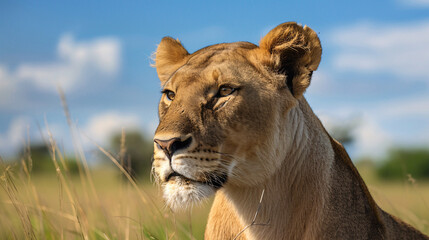 Obraz premium Portrait female lion. A majestic portrait of a female lion showcasing her powerful features and golden fur..