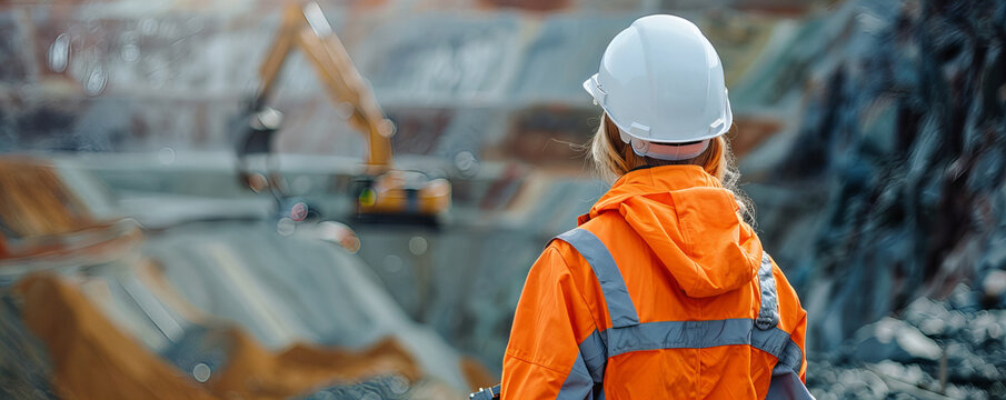 A back view of the worker in safety orange jacket and helmet looking for the land mine
