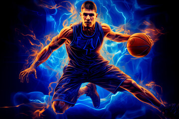 Obraz premium basketball player in intense blue and orange light, player in action, dynamic sports illustration