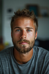 A man with a beard making direct eye contact with the camera