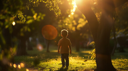 child stand in a park at morning when sun is rises under green trees