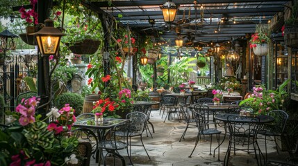 A picturesque outdoor cafe garden adorned with vibrant flowers and hanging lanterns creates a tranquil atmosphere during the day, inviting guests to enjoy a serene dining experience.