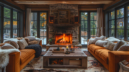 A cozy living room with a fireplace and plush sofas