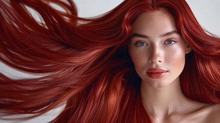 Obraz premium A beautiful caucasian woman showcasing long, smooth, and shiny mahogany hair, advertising for hair dye products, hair care, white solid color background, copy space.