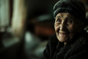 Portrait of an elderly woman outdoors, her warm, infectious smile lighting up the surroundings.


