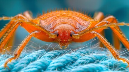 Close up macro shot of vivid orange bedbug with intricate long antennae on vibrant blue pillowcase