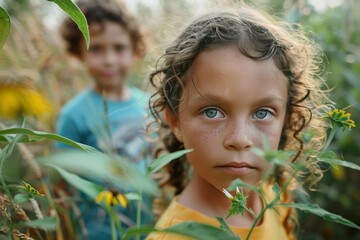 Young girl with intense gaze in a field of sunflowers, her eyes telling stories of curiosity and wonder.

