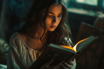 Mysterious woman reading an ancient book in a dimly lit room, evoking a sense of magic and curiosity.

