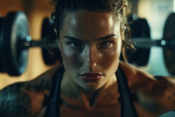 Intense portrait of a young athletic woman in a gym, showcasing determination and strength.


