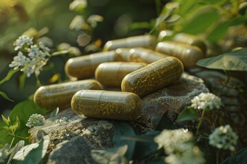 Natural herbal supplements on a rock surrounded by greenery, promoting health and wellness.

