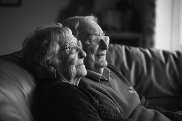 Elderly couple sharing a tender moment, captured in timeless black and white photography.

