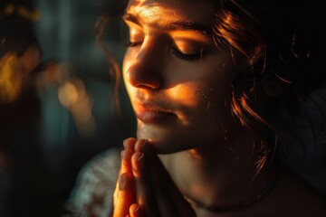 Woman Praying With Her Hands Together In Prayer Warm Light Above Her Head