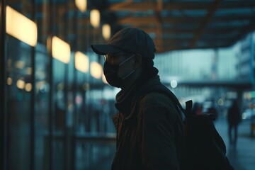 Urban scene of a man walking in a busy street at dusk, wearing a face mask, reflecting the new normal of urban life amidst health precautions.

