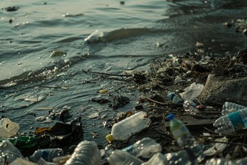 Polluted shoreline with scattered plastic waste, starkly illustrating the dire consequences of environmental neglect and the need for urgent cleanup.


