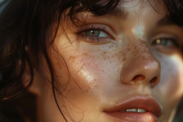 Stunning close-up portrait of a young woman with freckles, highlighted by natural light and her serene gaze, capturing a sense of purity and beauty.

