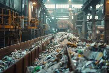 Industrial scene of a recycling plant filled with waste, conveying the pressing issue of waste management and environmental responsibility.

