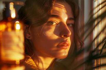 Dramatic close-up of a young woman in a warm, golden light, reflecting through blinds, giving a feeling of solitude and introspection.

