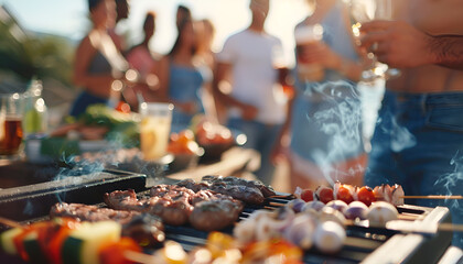 Group of friends having barbecue party outdoors, closeup