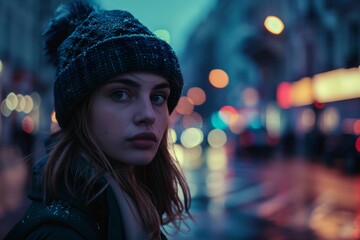 Young woman in beanie stares intently, city lights blurred in background, evoking a moody urban evening.

