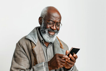 Joyful elderly african american man with glasses smiling while using a smartphone, exemplifying modern technology integration
