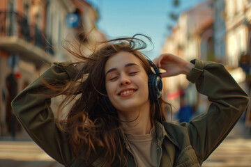 A young woman enjoying the music in her headphones while walking on the street
