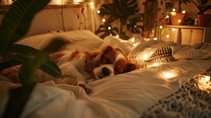 a dog sleeping peacefully and dreaming inside a modern home at night, surrounded by the comfort of familiar surroundings.